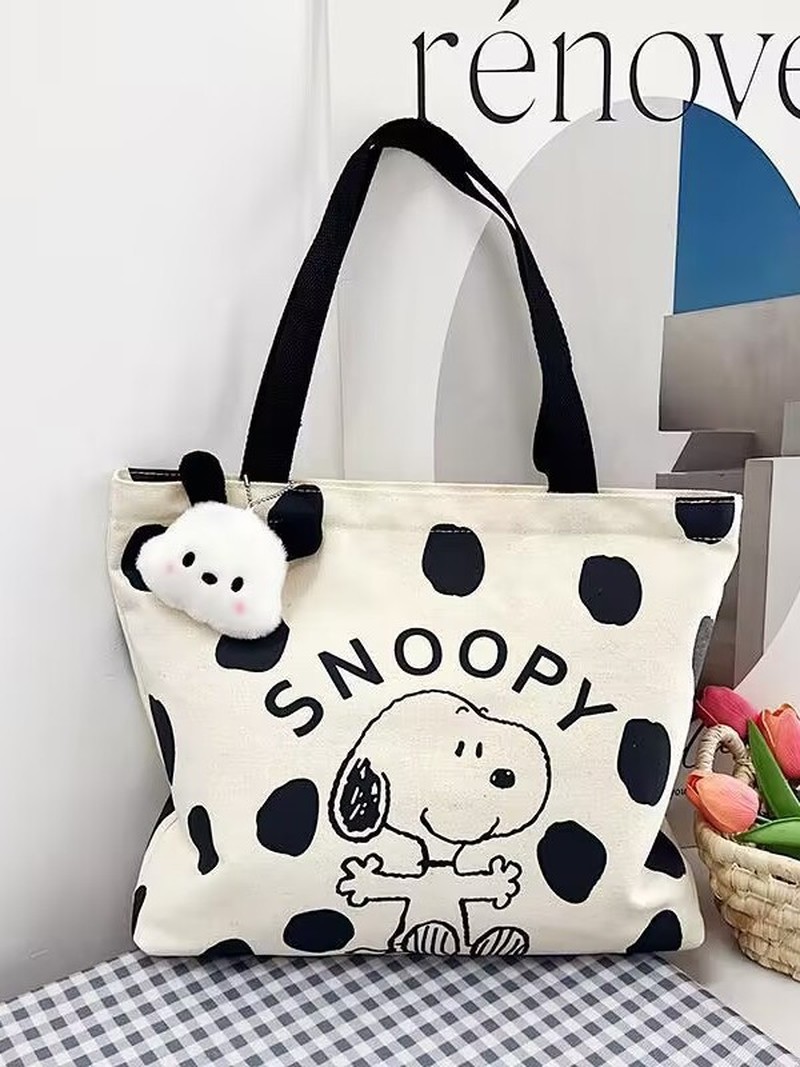 Anime Tote Bag - 여성용 만화 스누피 캔버스 숄더백 대용량